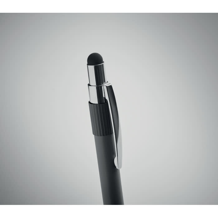 A pen with a black body, chrome accents, and a stylus tip at the end, featuring a clip.