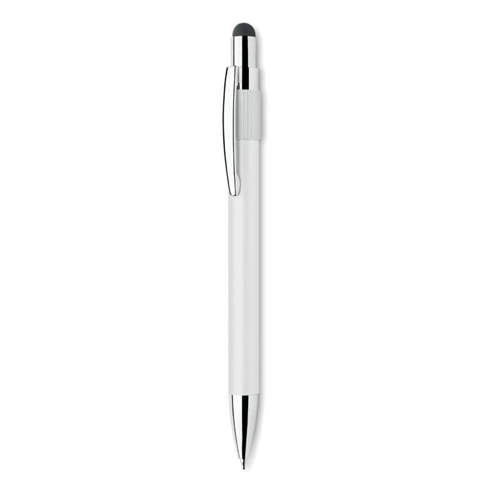 A white pen with a shiny silver clip and tip, featuring a touch screen stylus at the end.