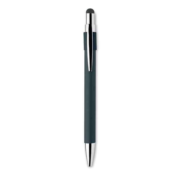 A pen with a dark blue barrel and silver accents, featuring a stylus tip on the end.