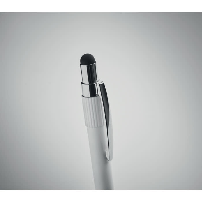 A white pen with a silver clip and a black stylus tip. It features a sleek, modern design.