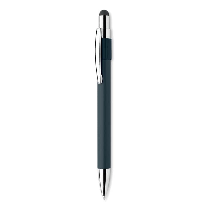A pen with a dark blue barrel and silver accents, featuring a stylus tip and a clip. It has a branding logo.