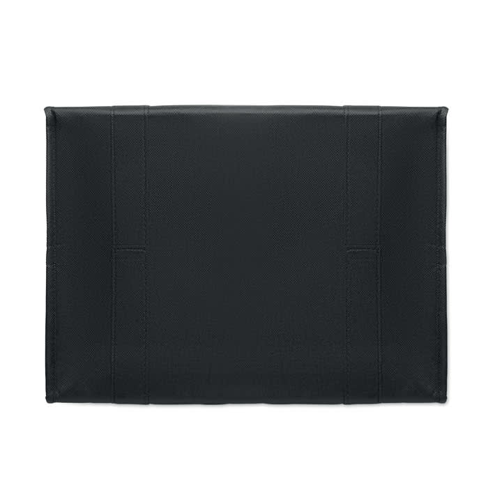 A black promotional product featuring a smooth surface with stitch detailing. It has a logo.
