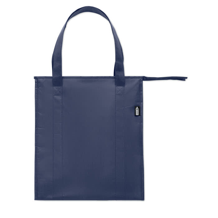 A tote bag in a dark navy colour with two long handles and a side logo.