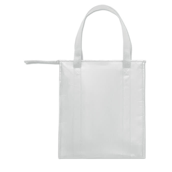 A tote bag in white with two handle straps, featuring a simple, unadorned design.