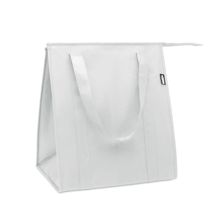 A reusable white tote bag with sturdy handles and a square base, featuring a small branding logo.