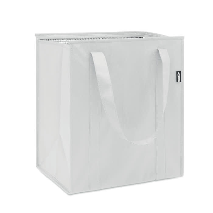 A square, insulated tote bag in white with two sturdy handles and a label.