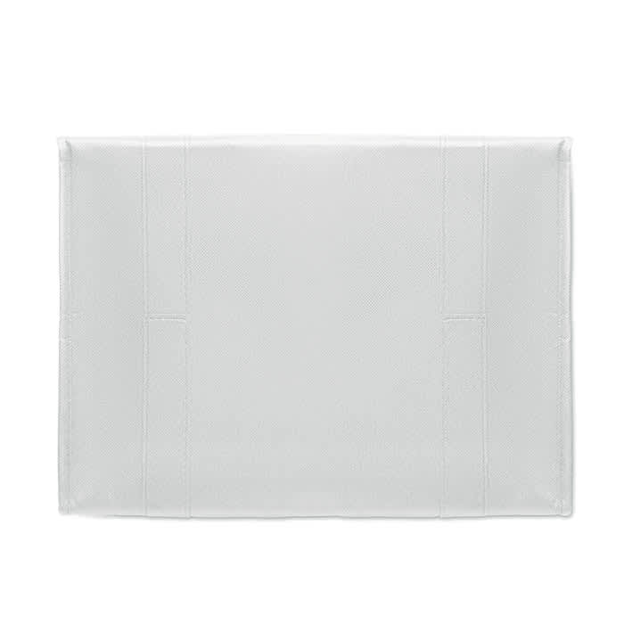 A transparent white document folder with a smooth finish and fold lines. It features a logo on the front.