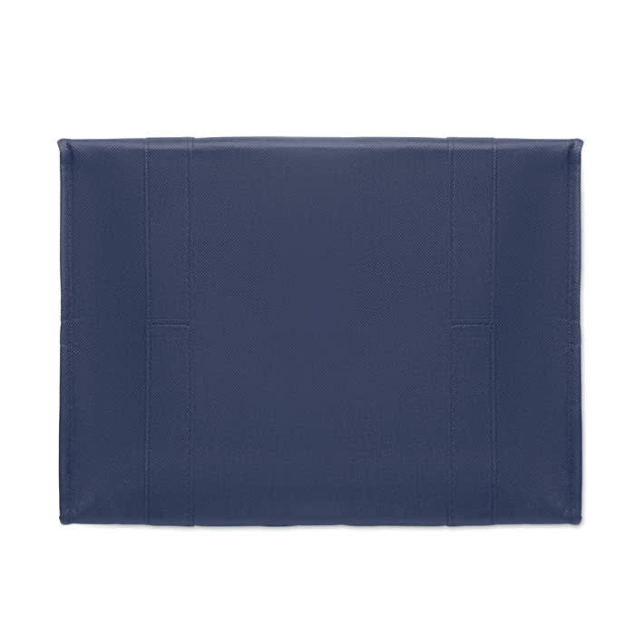 A navy blue tablet sleeve with a padded exterior and visible seams, featuring a logo on one side.