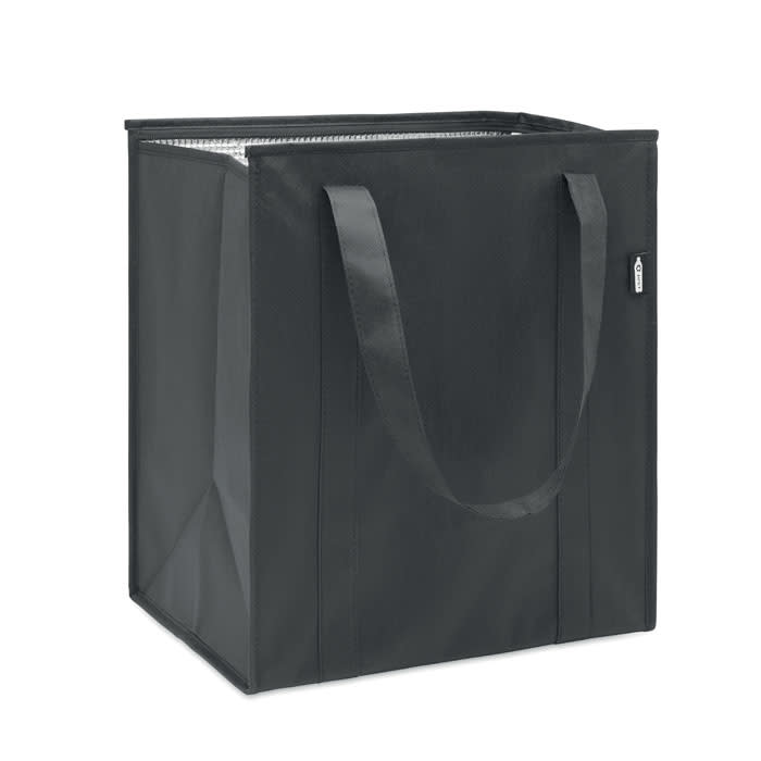 A reusable black insulated shopping bag with two sturdy handles. It has a rectangular shape and is made of durable material.