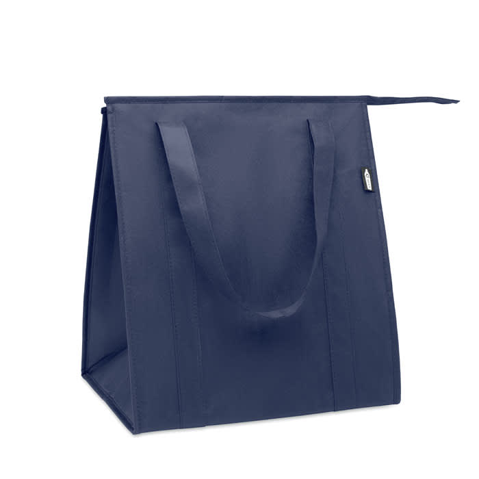 A reusable tote bag in navy blue with sturdy handles and a spacious design. The bag features a simple branding logo.