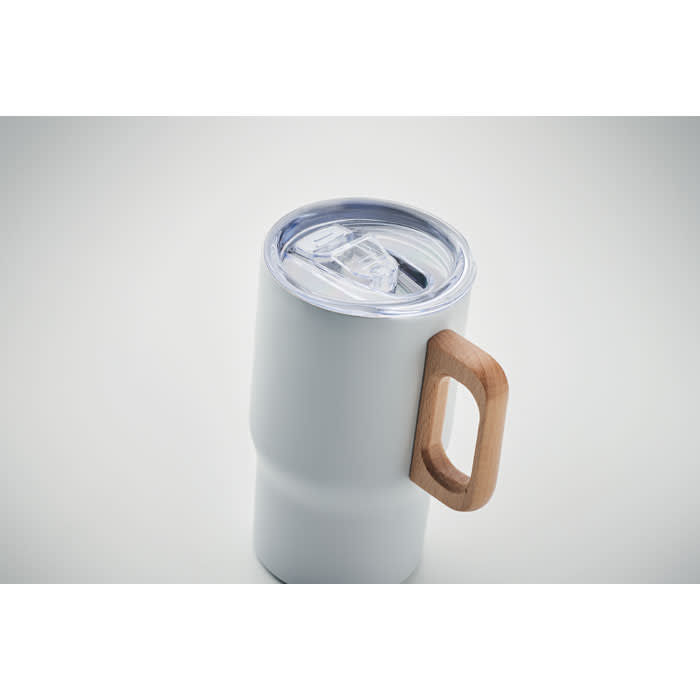 A drink bottle in white with a wooden handle and a clear lid, featuring a logo on the side.