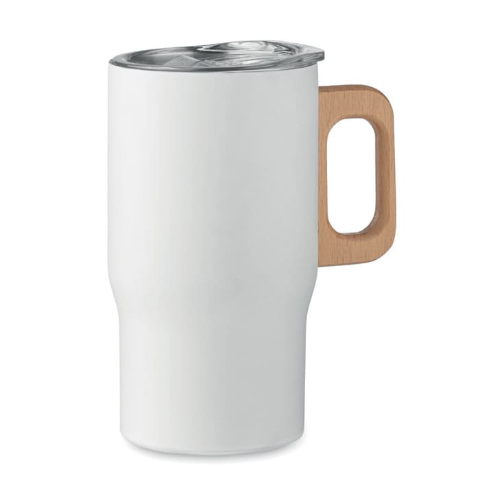 A drink bottle featuring a sleek white body and a wooden handle, with a metal lid.