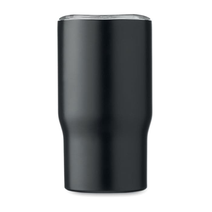 A drink bottle in matte black with a clear lid and a smooth, ergonomic design. Features a logo.