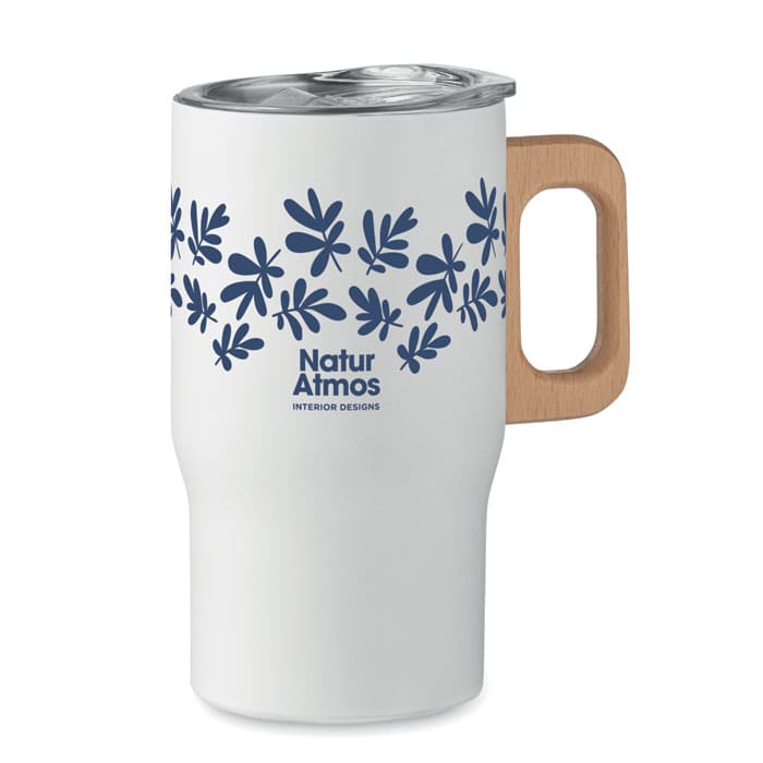 A drink bottle in white with a blue floral design and a wooden handle, featuring a logo on the front.