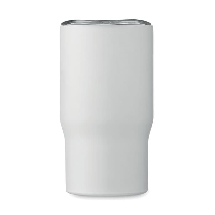 A drink bottle in a matte white finish, featuring a sleek design and a metal lid. It has a logo on one side.