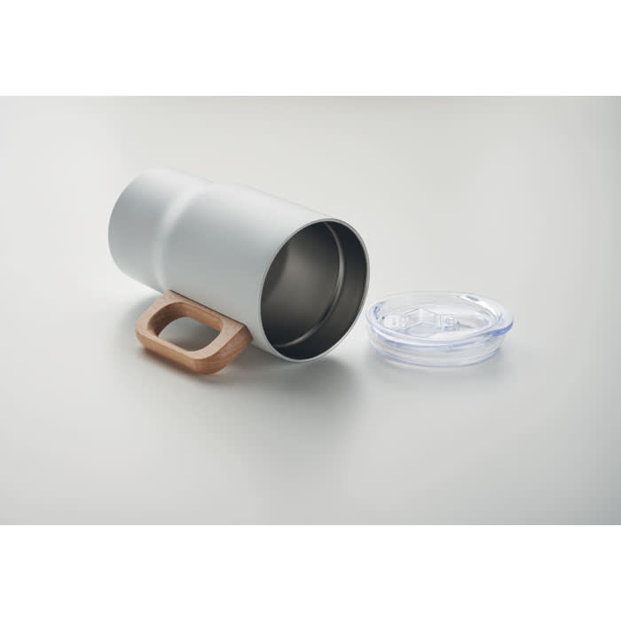 A drink bottle in matte white with a wooden handle and a clear lid, resting on a light background.