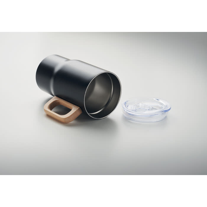 A drink bottle in matte black with a stainless steel interior, featuring a wooden handle and a clear lid.