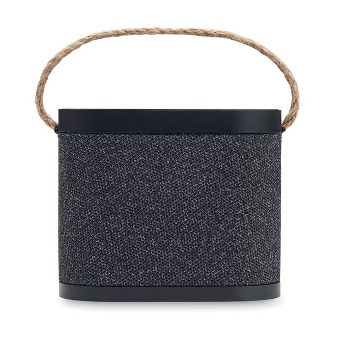 A round, grey textile storage basket with a black base and a woven rope handle.
