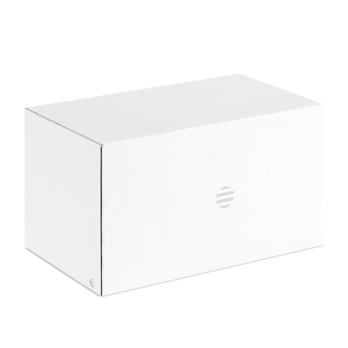 A white rectangular box with a simple logo on one side, featuring clean lines and a minimalist design.