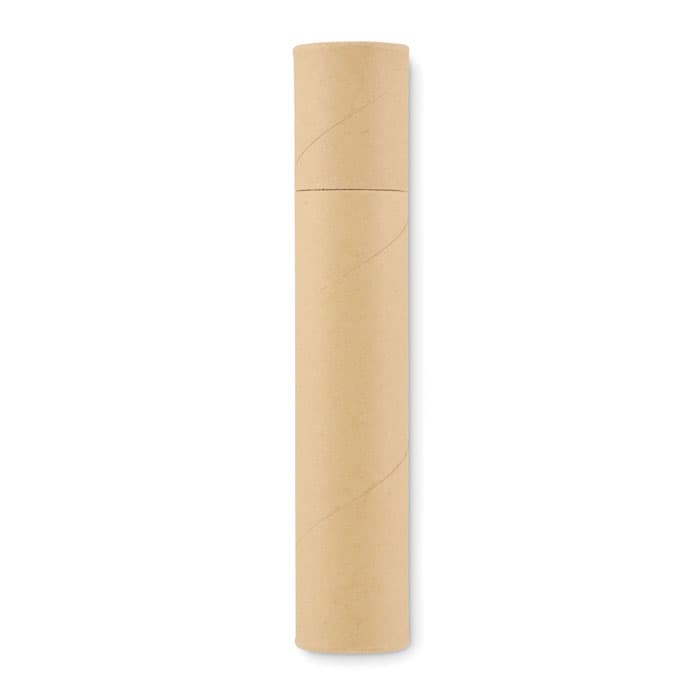 A cylindrical cardboard tube in brown colour, featuring a seamless design and a closed top.