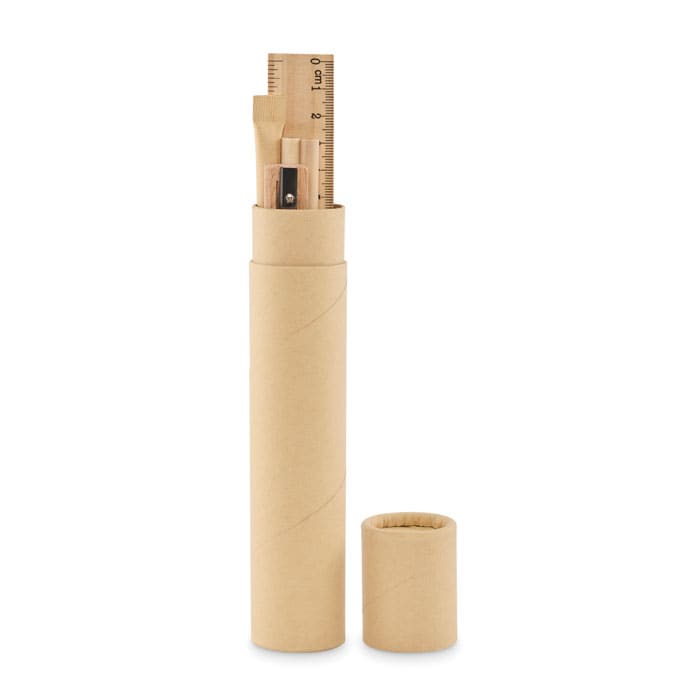 A cylindrical cardboard holder containing a wooden ruler and a pencil, with a removable cap. Features a simple design.