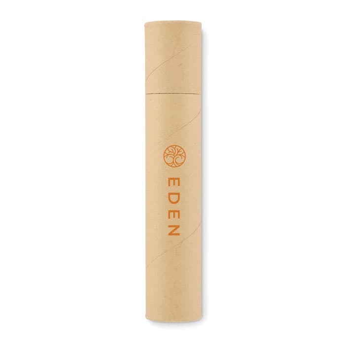 A cylindrical packaging tube in natural kraft paper with a circular logo and the word "EDEN" printed on it.