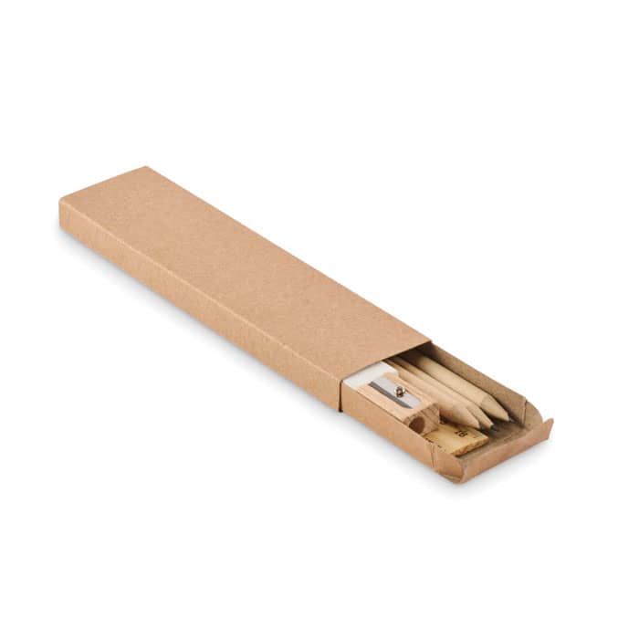 A pencil set contained in a brown cardboard box, including pencils, a sharpener, and an eraser.