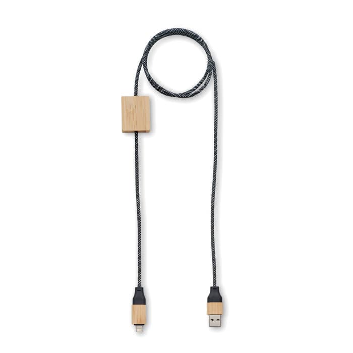 A charging cable with a wooden block, featuring a grey braided cord and black connectors at each end.
