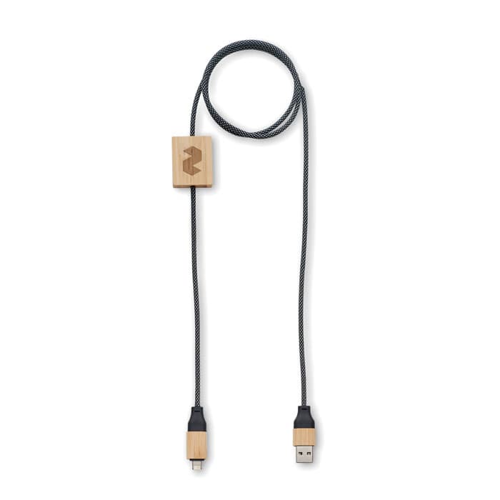 A charging cable with a braided grey cord and wooden connector ends featuring a logo. 