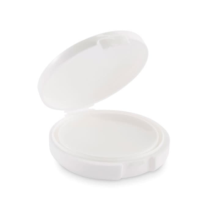 A white cosmetic compact with a removable lid and empty interior. It features a subtle design.
