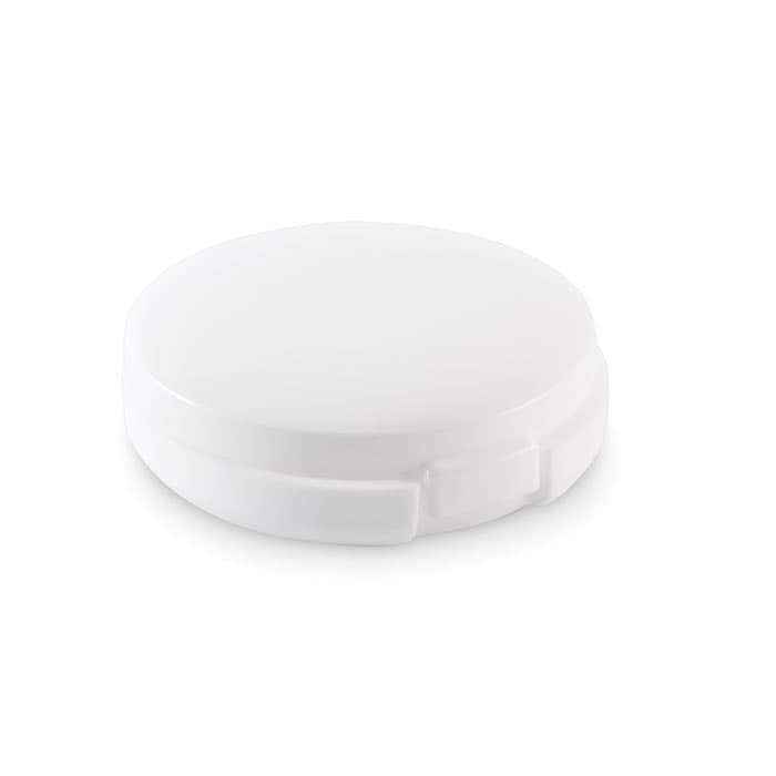 A white circular container with a hinged lid, featuring a smooth surface and a secure closure mechanism.