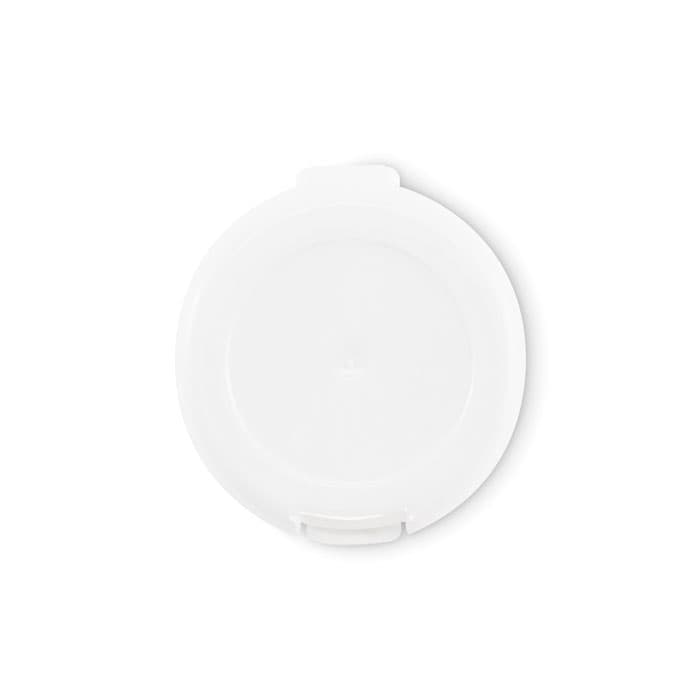 A white drink bottle lid with a smooth surface and a slight lip, featuring a small clip for attachment.