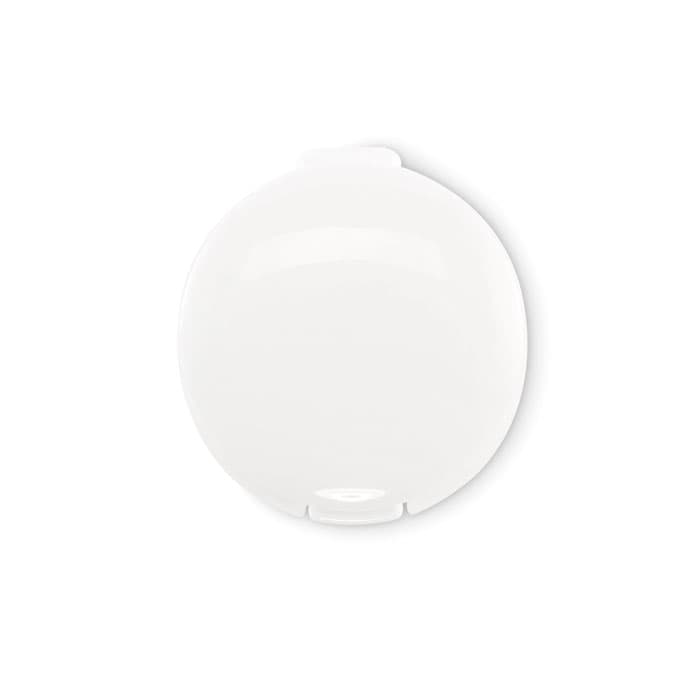 A drink bottle in a circular shape, featuring a glossy white finish and a small opening at the bottom.