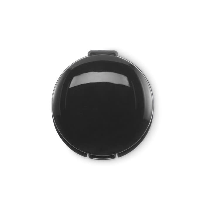 A drink bottle lid in sleek black, featuring a smooth surface and a built-in clip. It has a logo on the front.