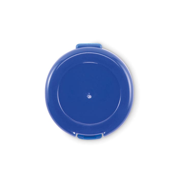 A drink bottle with a blue lid and base, featuring a smooth, rounded design and a logo.