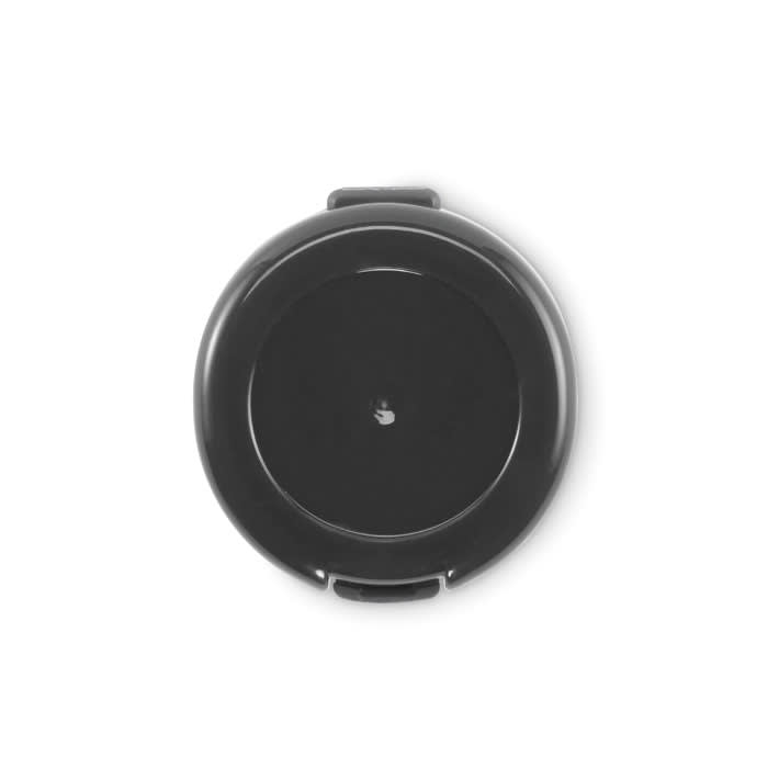 A black drink bottle cap with a smooth surface and a central indentation. It features a branding logo on top.
