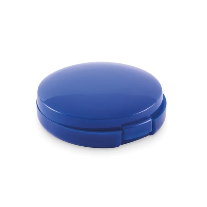 A compact in a vibrant blue colour with a smooth, glossy finish and a secure closure. It features a logo on the surface.