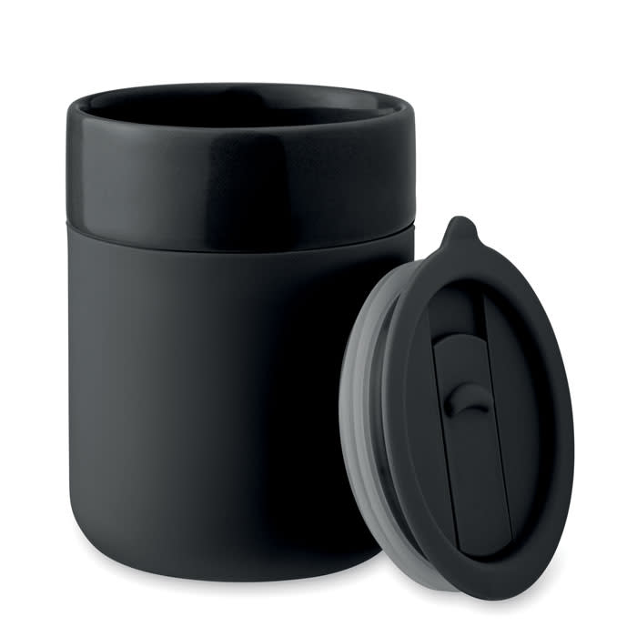 A black drink bottle with a smooth finish and a lid featuring a slider mechanism. It has a simple, modern design.