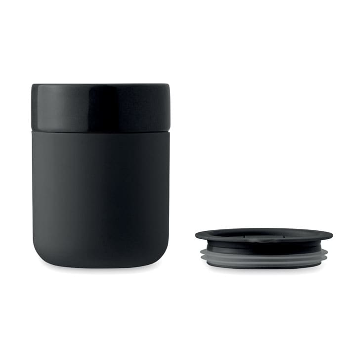 A drink bottle in matte black with a removable lid. The lid features a grey sealing ring.
