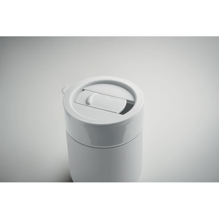 A white drink bottle with a secure, flip-top lid and a smooth surface, featuring a simple design.