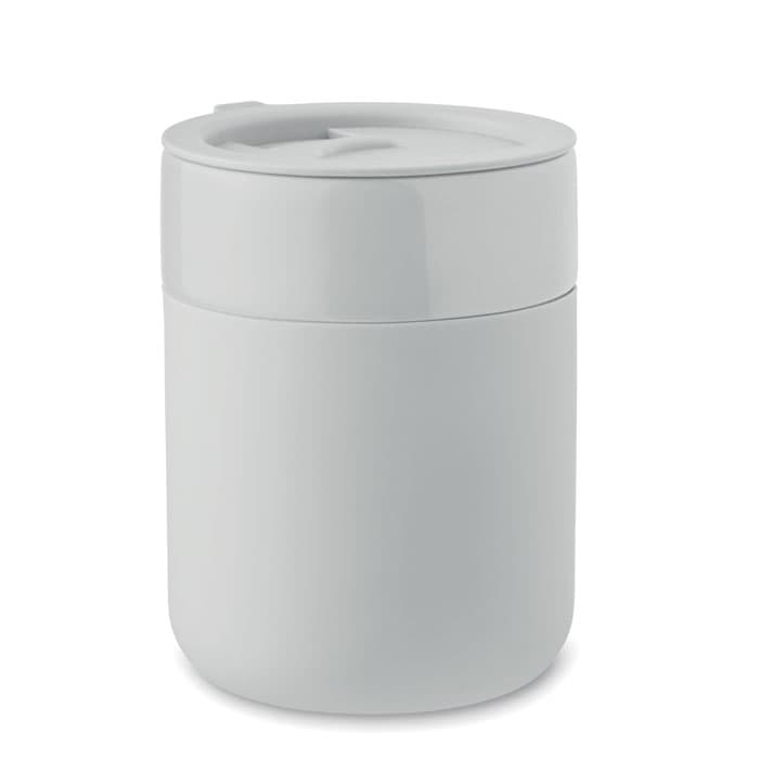 A drink bottle in matte white with a removable lid and a sleek, cylindrical design. Features a logo on the surface.