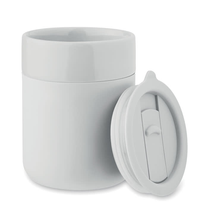 A drink bottle in white, featuring a lid that matches the body. The design is sleek and modern, with a smooth surface.