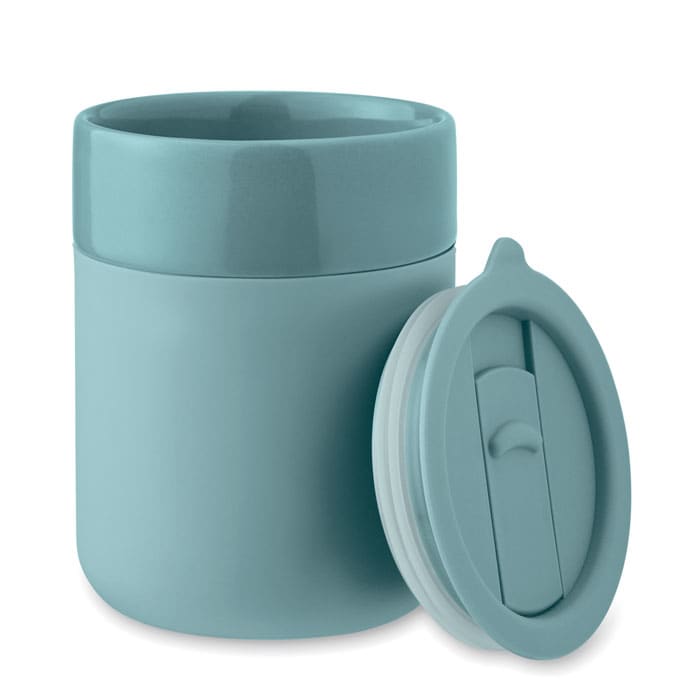 A drink bottle in a soft blue colour with a matching lid, featuring a sleek and minimal design.