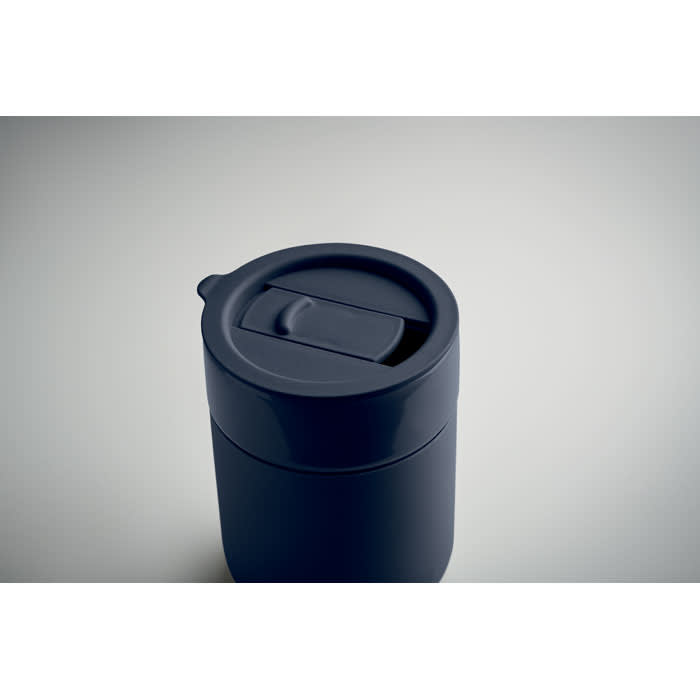 A drink bottle in dark blue with a clear sliding lid and a sleek, cylindrical design.