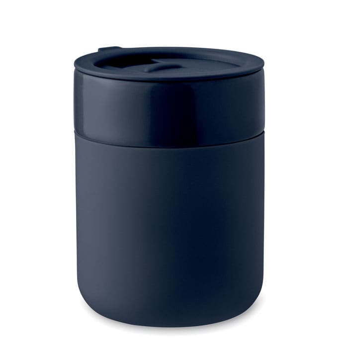 A drink bottle in a matte navy blue finish with a secure lid and a sleek cylindrical shape.