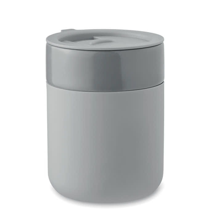 A drink bottle with a grey body and lid, featuring a simple design and a logo on the exterior.