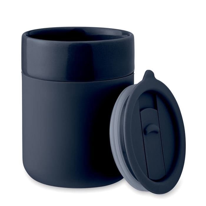 A drink bottle in navy blue with a smooth finish and a removable lid. It features a logo on the front.