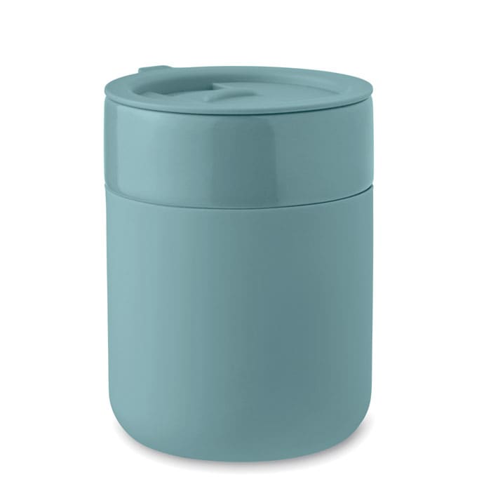 A drink bottle in a soft blue colour with a rounded design and a lid. It features a logo on the side.