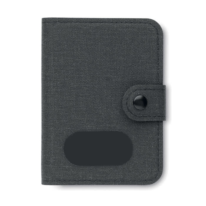 A grey wallet with a button closure and a transparent slot, featuring a textured fabric surface.