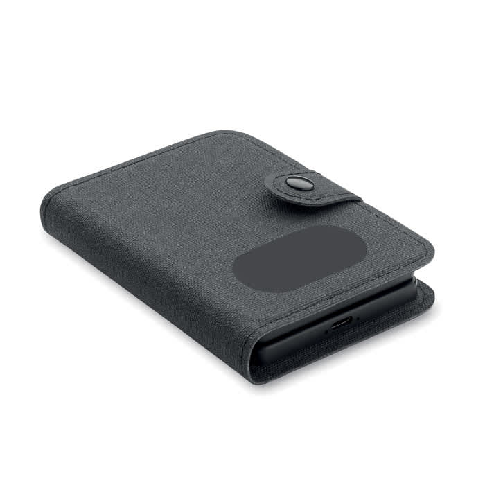 A black wallet with a textured finish, featuring a snap closure and a slot for a card or phone.